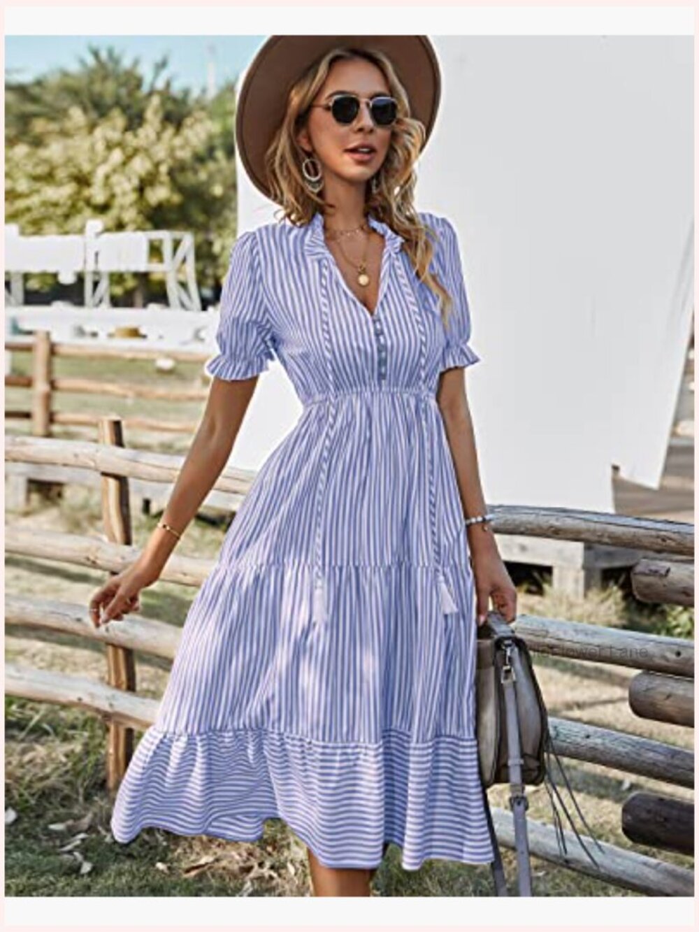 Women's Summer Ruffle Puff Sleeve V-Neck High Waist Midi Striped Dress - Picture 4 of 7